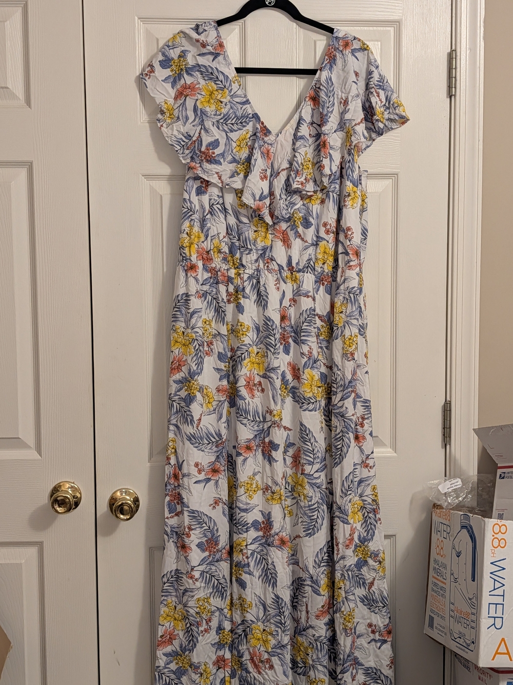 Kiyonna White Maxi Dress with Yellow & Blue Floral Print